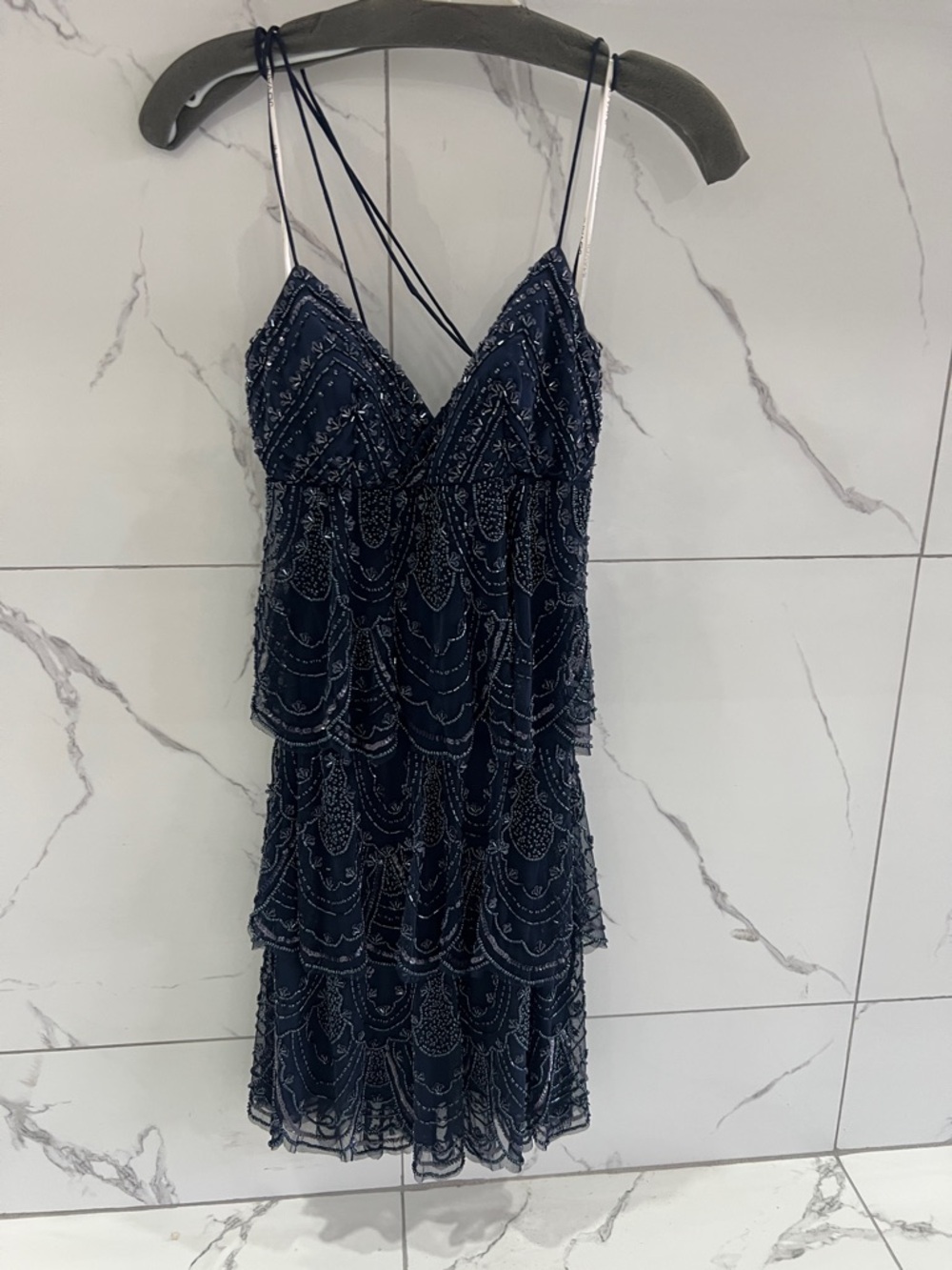 Jovani Navy Beaded Tiered Mini Dress